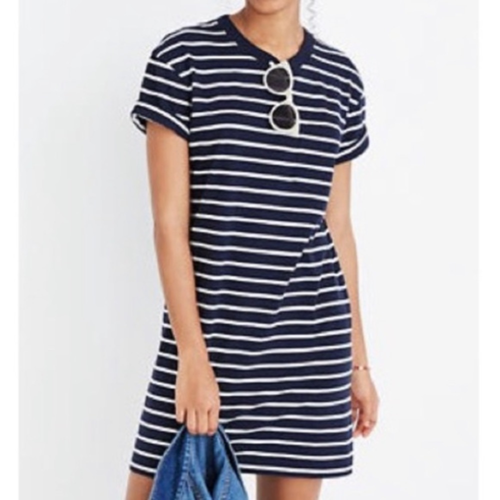 Madewell navy blue and white striped T-shirt dress